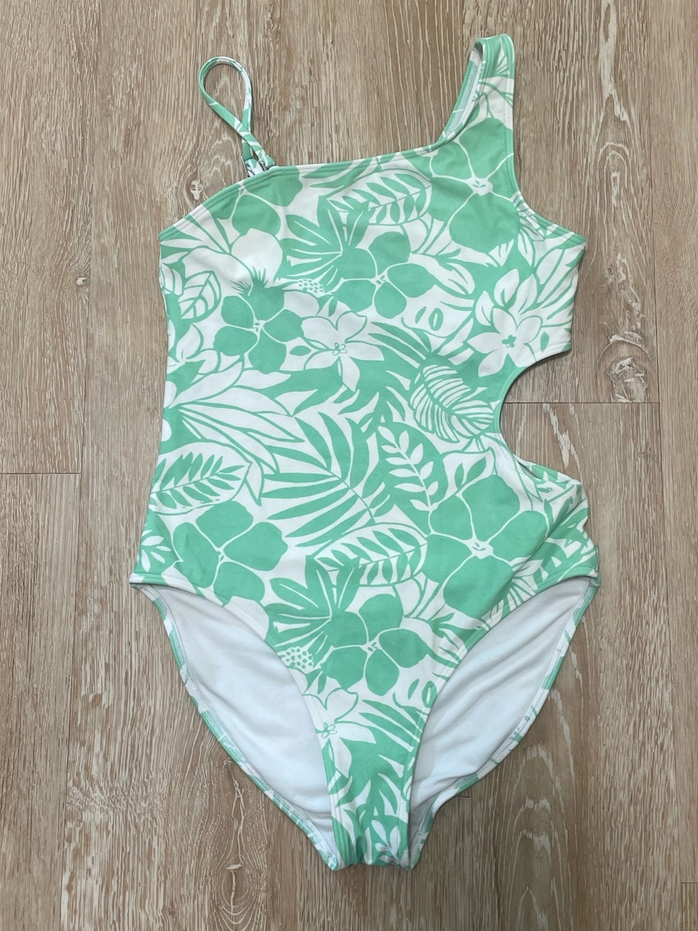 Abercrombie Kids green floral asymmetrical cutout one-piece swimsuit; 13/14 - Picture 1 of 7